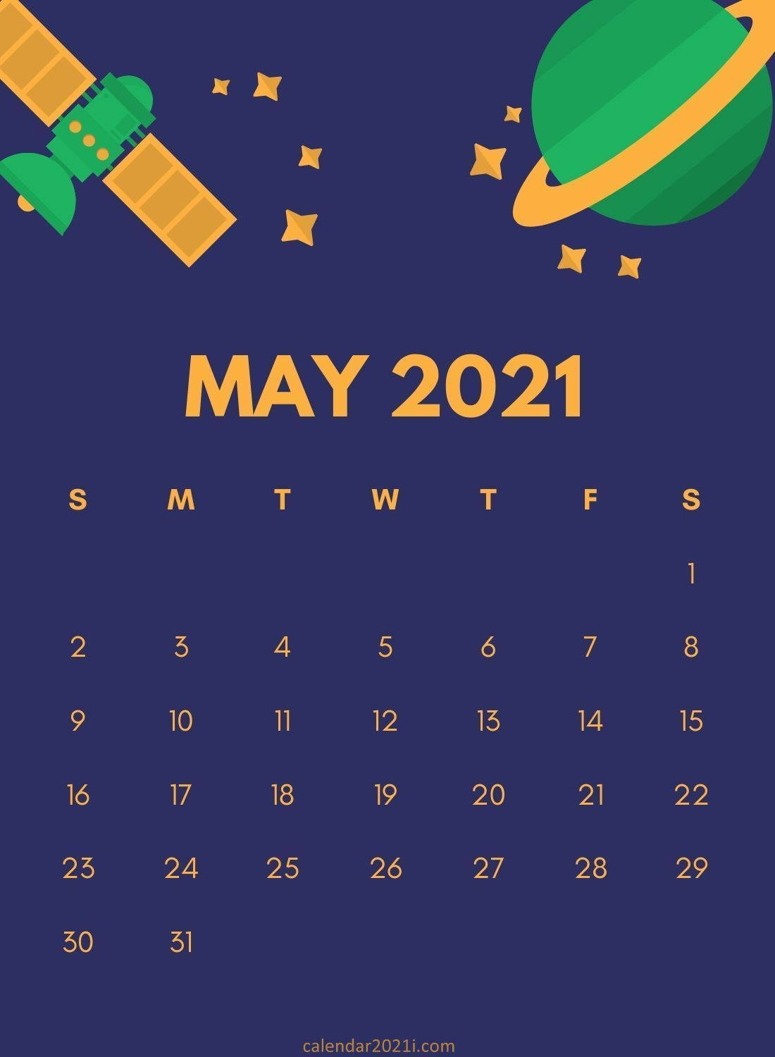 2021年5月日曆，太空主題，包括衛星和行星。