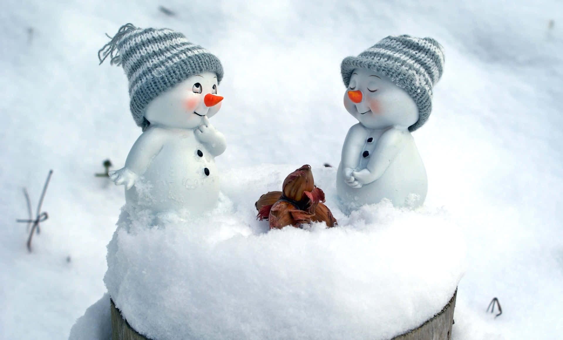 兩個戴著針織帽的雪人公仔坐在雪中，旁邊有一堆秋葉。