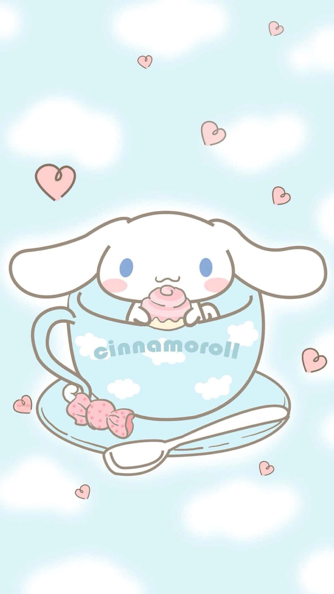 Cinnamoroll 在茶杯中，有杯子蛋糕和漂浮的心形，背景是多雲天空。