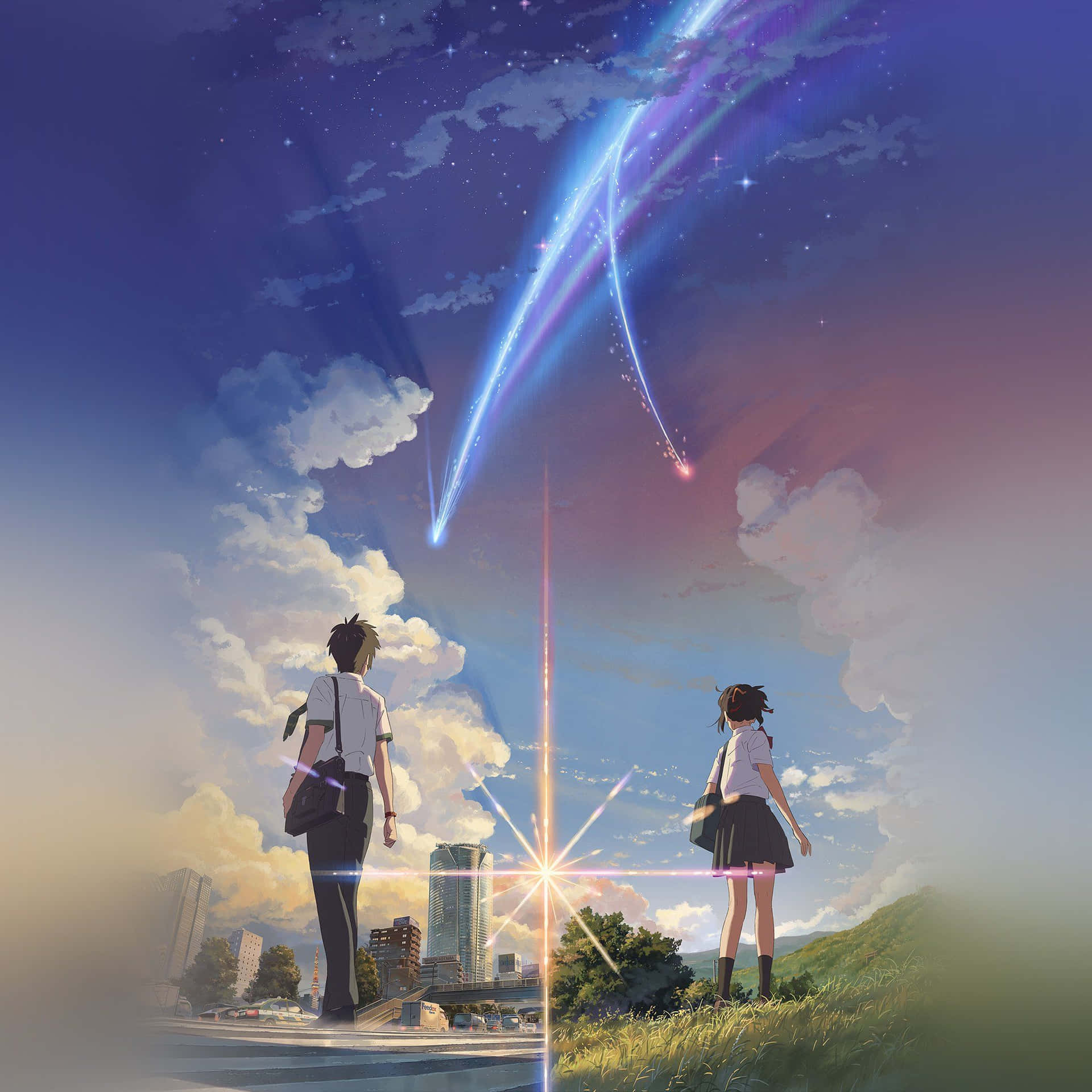 兩名動漫學生在暮色天空中觀看城市上空發光的彗星。