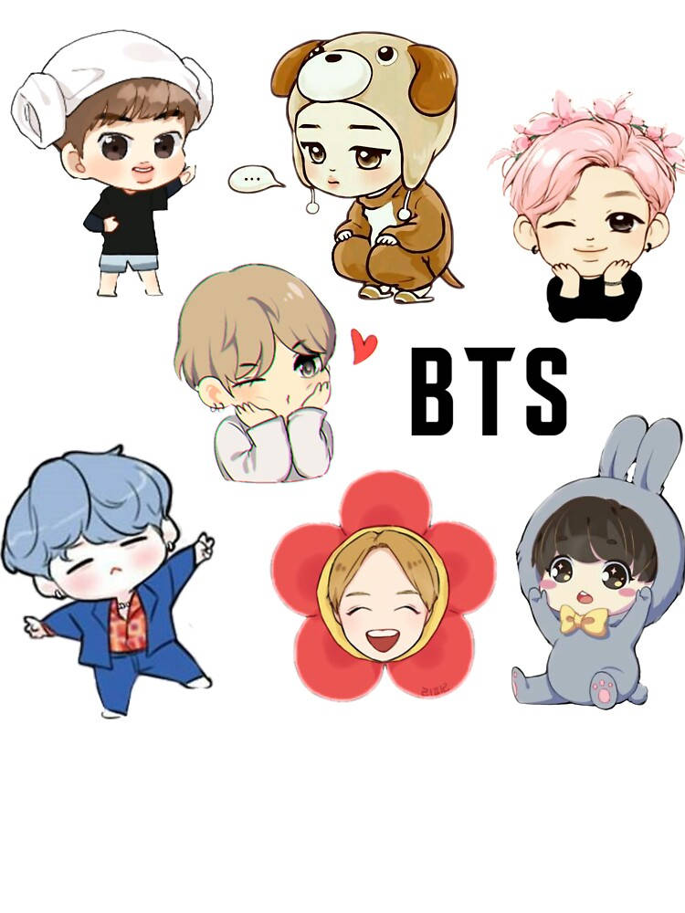 Bts Chibi 桌布 壁紙 — 以可愛風格繪製的BTS成員卡通插圖，穿著可愛服裝和姿勢，圍繞著中央的「BTS」標誌。