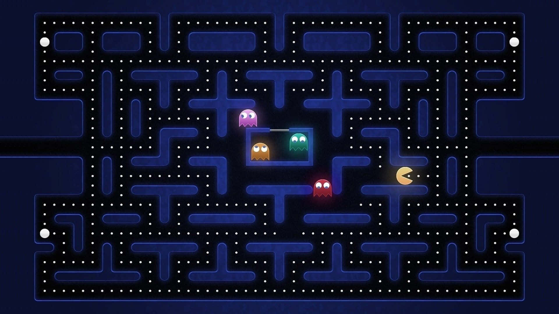 Pacman 在藍色迷宮中追逐鬼魂，帶有白色圓點
