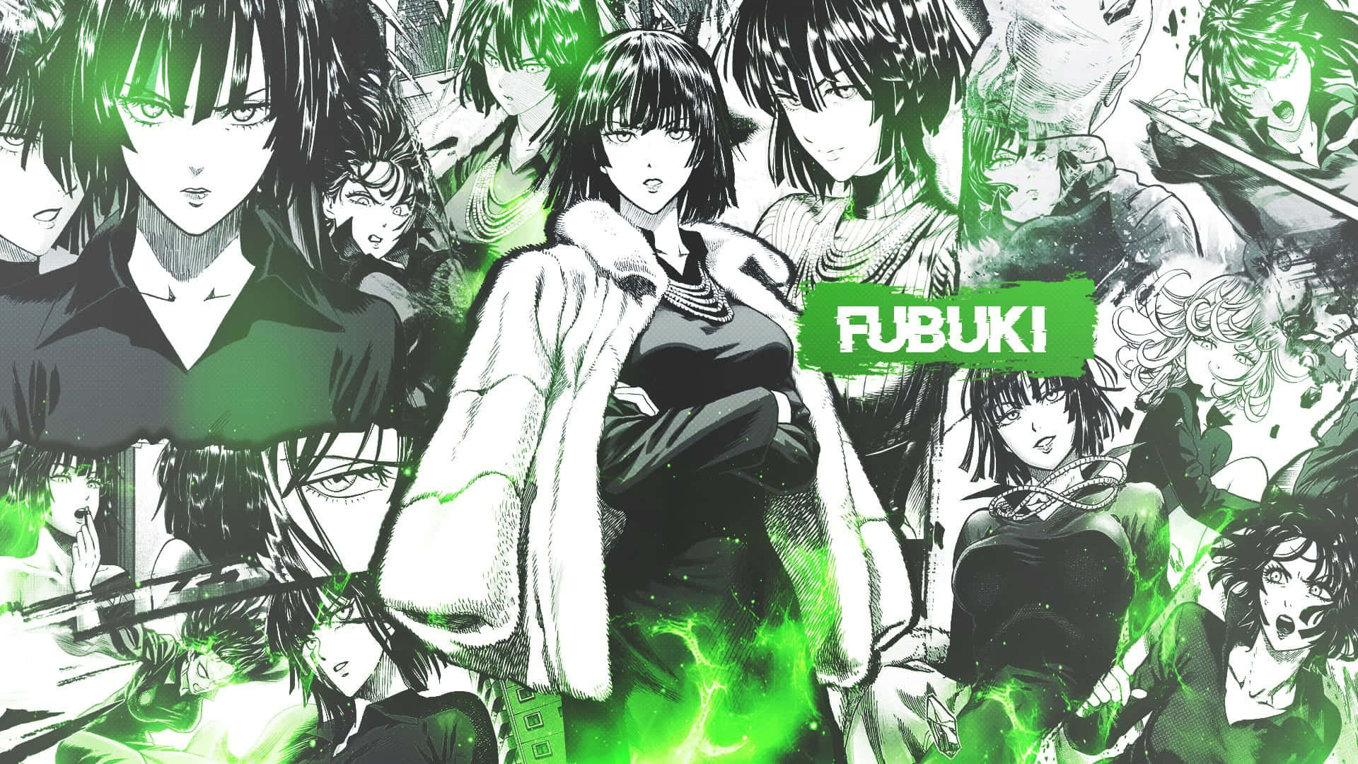Fubuki 桌布 壁紙 — 以吹雪為中心的動態動漫拼貼畫，帶有發光的綠色能量點綴和多個角色肖像。