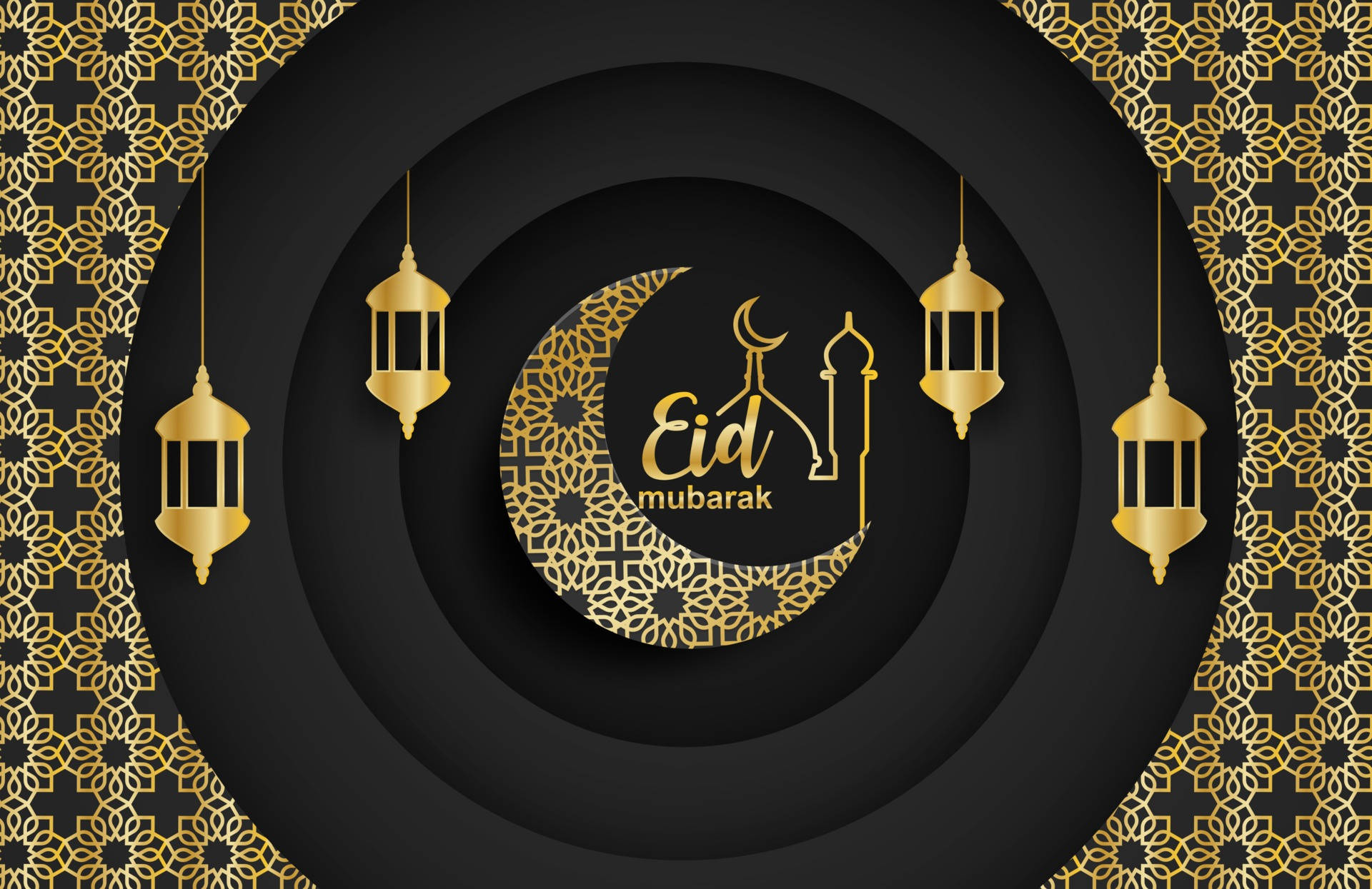 黑色背景上帶有金色燈籠和新月的Eid Mubarak祝福。