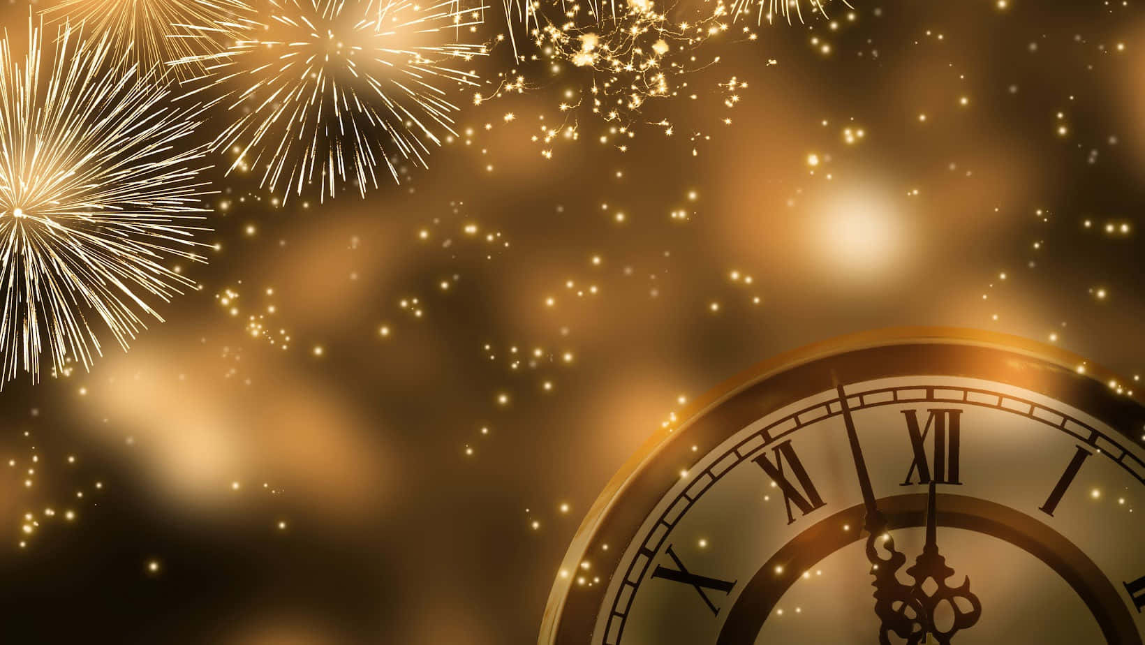 金色煙火在標誌著午夜的經典時鐘上方綻放。 — 新年動畫 壁紙