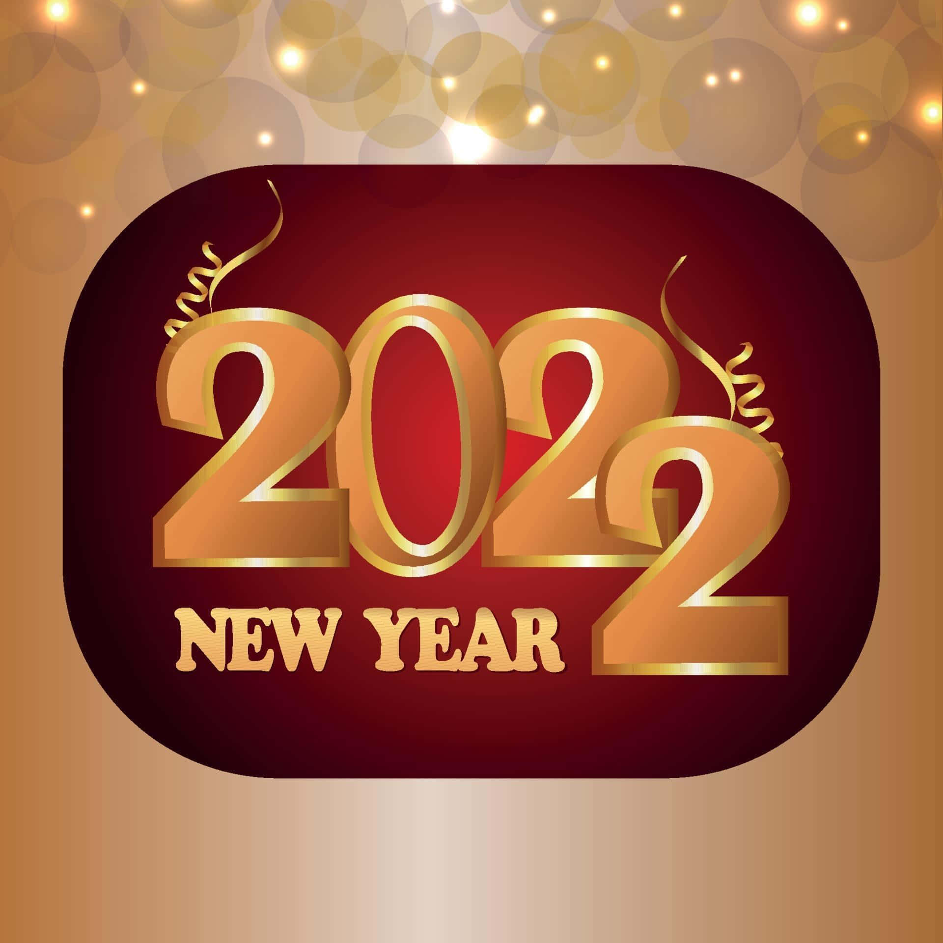 金色2022年新年圖案，在栗色橢圓形上帶有節日漩渦。