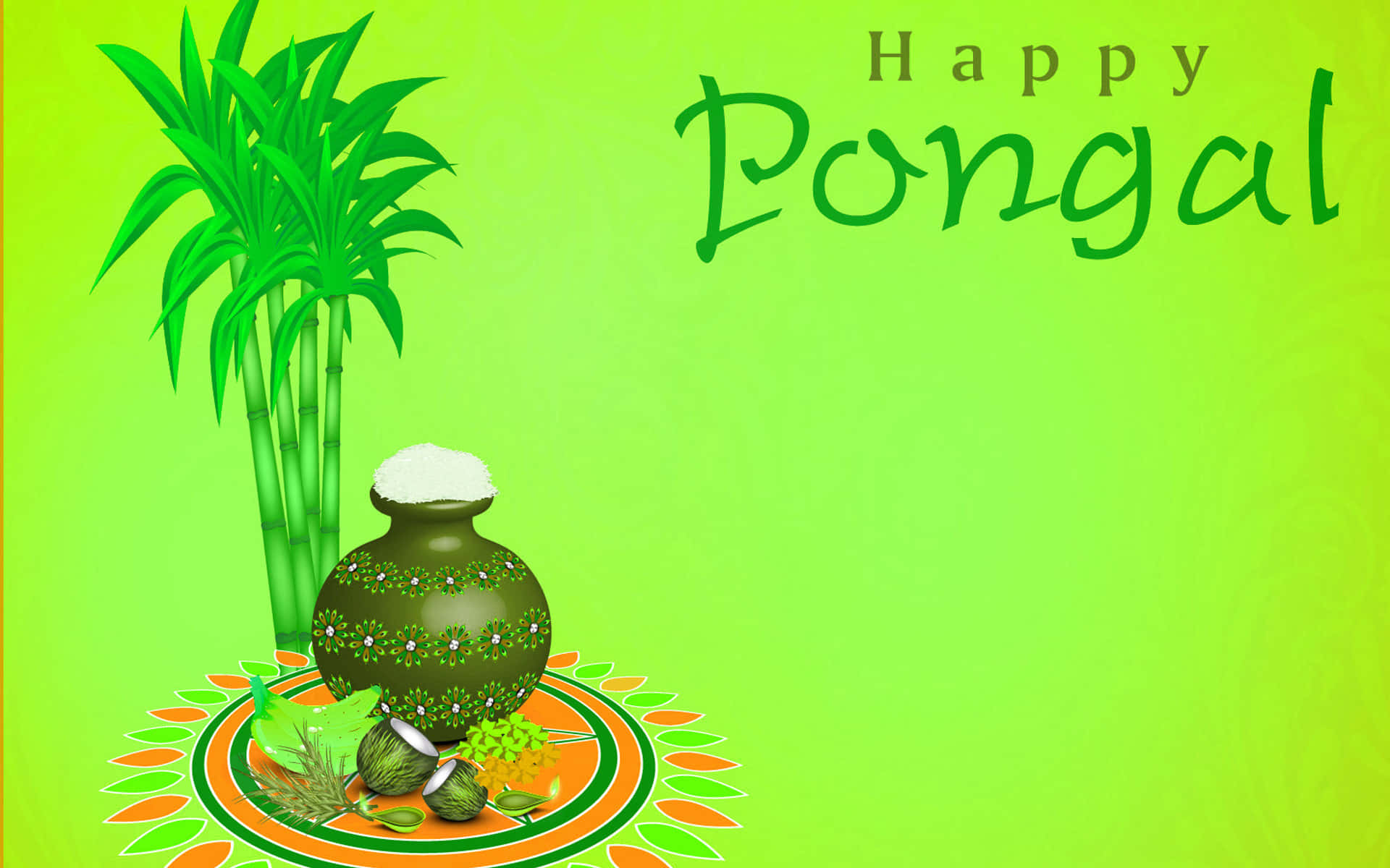 以喜悅與熱情慶祝龐甘節 壁紙 — 一幅節日插畫慶祝豐收節，畫中有裝飾過的鍋子盛滿米飯，旁邊有甘蔗和傳統供品，放在色彩繽紛的藍果麗圖案上。