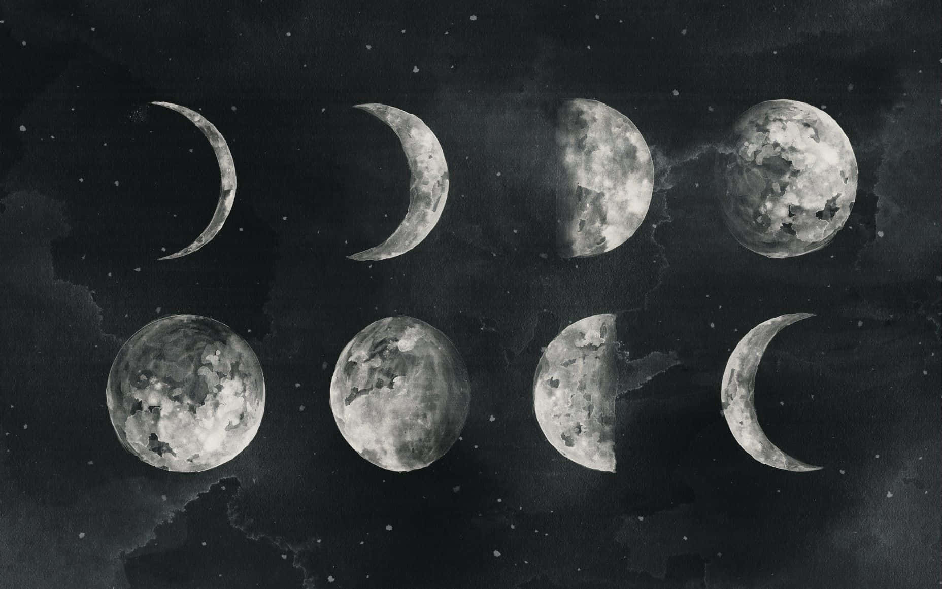 Moon Phases 桌布 壁紙 — 以單色水彩繪製的八個月相，背景是繁星點點的夜空和帶有紋理的雲層。