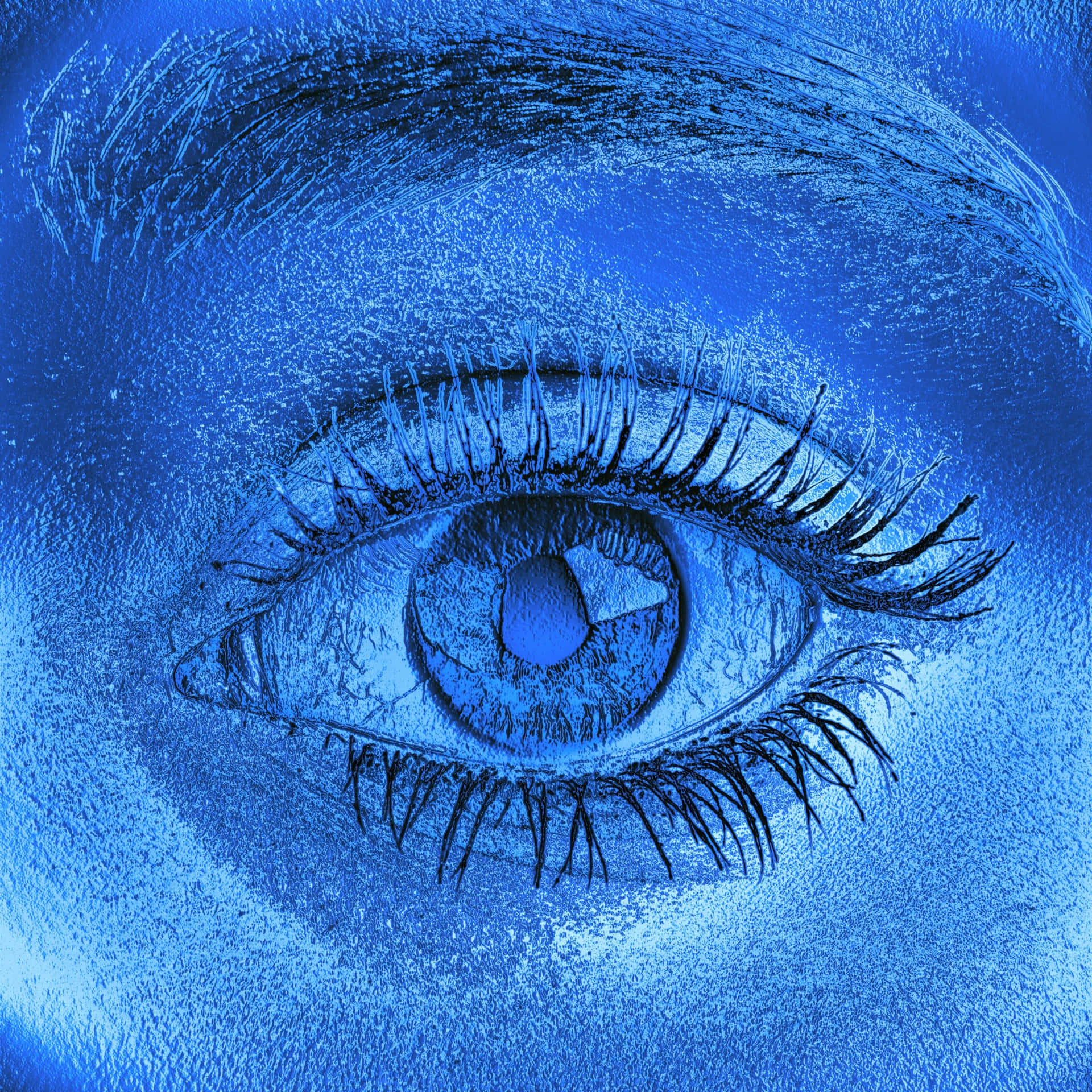 Eyes 桌布 壁紙 — 以單色藍色及紋理筆觸效果呈現的人類眼睛超現實特寫。
