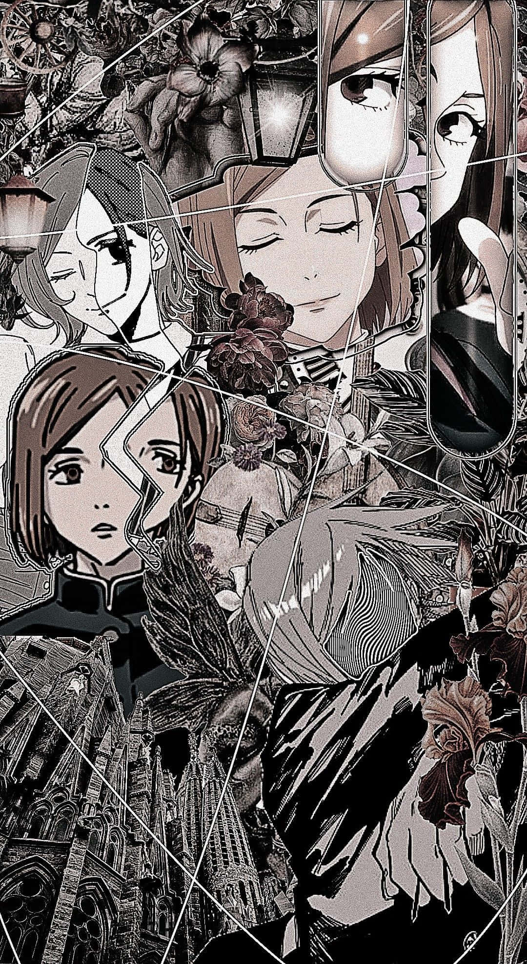 Nobara Kugisaki 桌布 壁紙 — 以單色調、花卉點綴和碎玻璃效果呈現的角色與哥德式建築碎片化動漫拼貼。