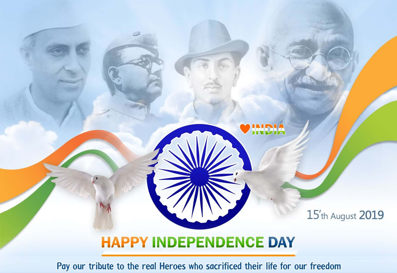Independence Day 桌布 壁紙 — 以國家領袖的肖像、白鴿和三色波浪在明亮的天空背景下慶祝印度獨立日。
