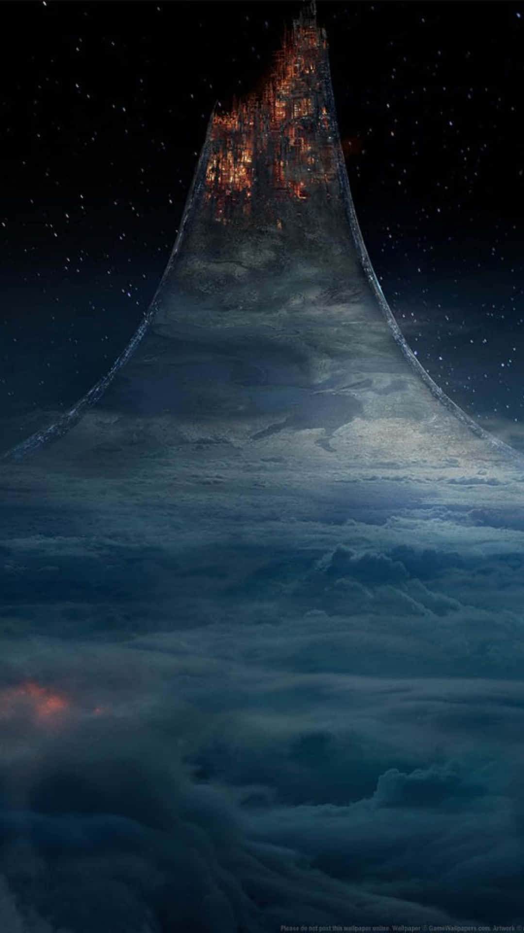 在星空下，一座發光的未來城市坐落於水晶尖塔頂端，聳立於雲層之上。