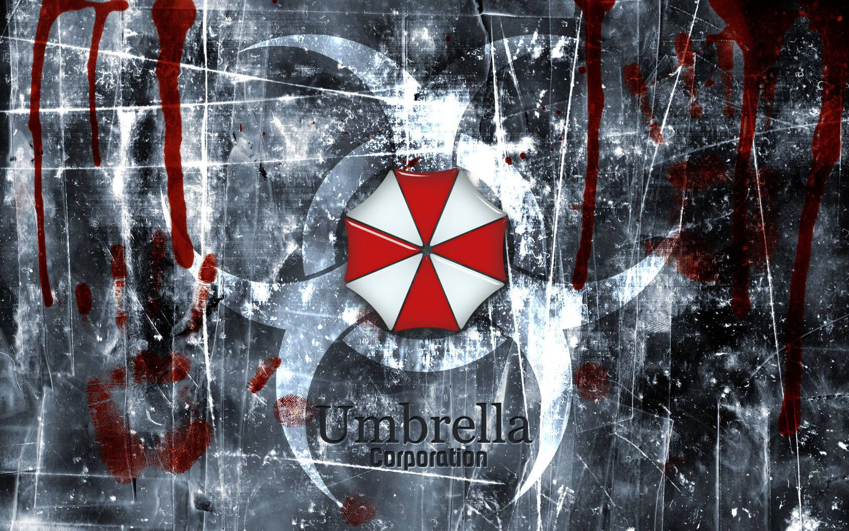Umbrella Corporation 標誌，帶有血跡和刮痕的牆壁。