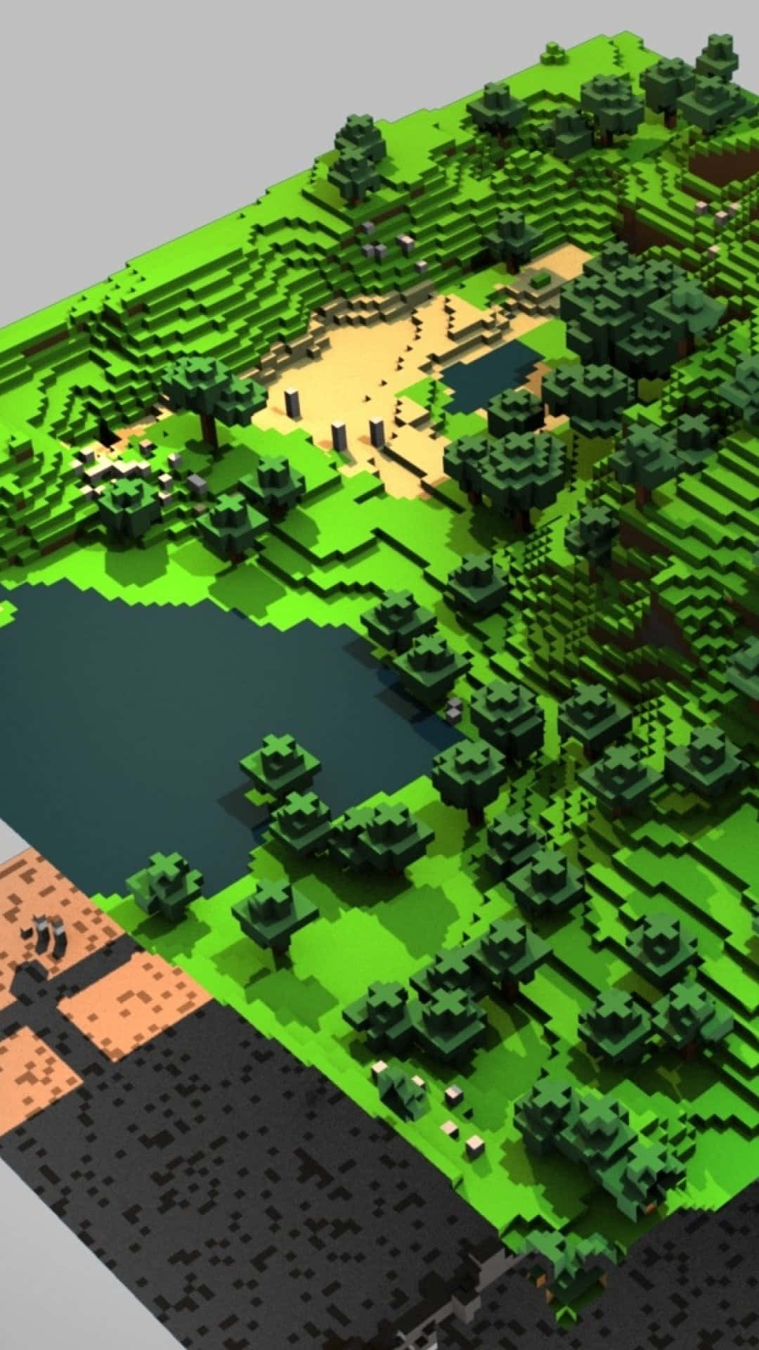 Minecraft Phone 桌布 壁紙 — 以塊狀3D風格呈現的充滿活力的像素化森林的鳥瞰圖，其中有河流、湖泊和梯田山丘。