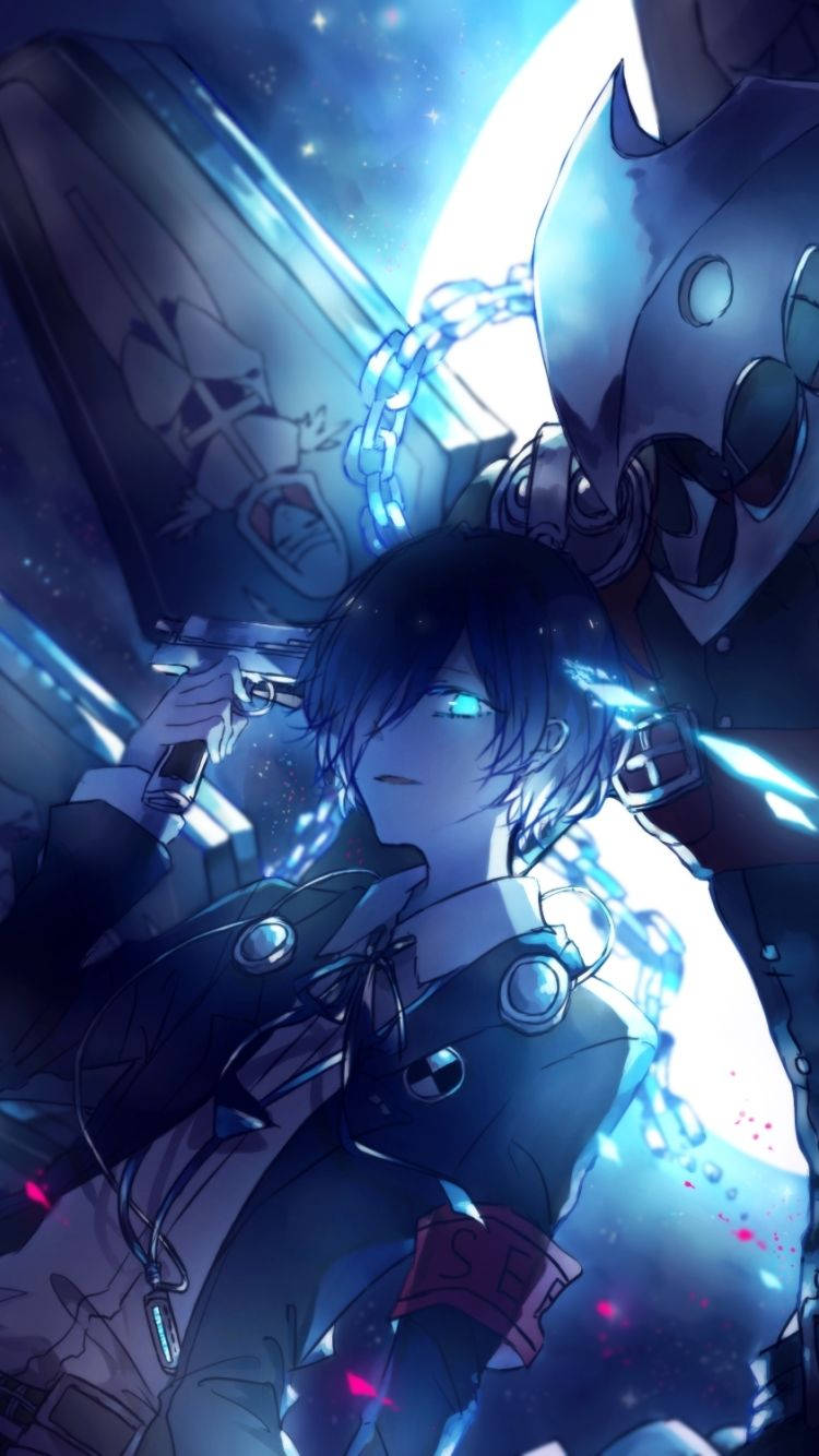 發光眼睛的動漫男孩瞄準槍，身後有一個機械騎士站在星空之夜。