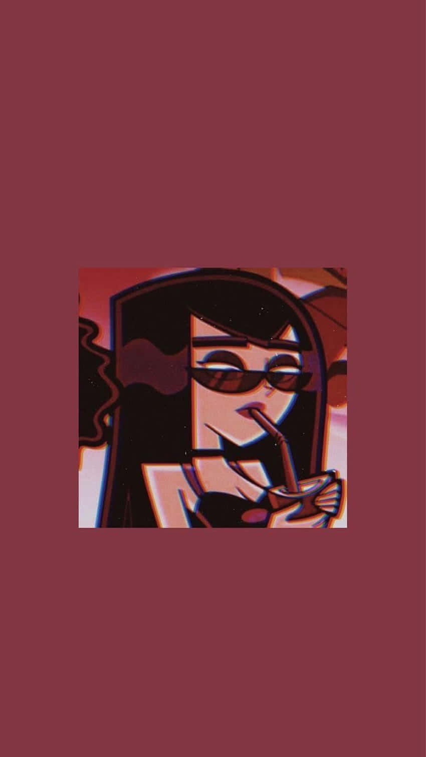 以壞女孩態度征服每一天 💁 壁紙 — 一個風格化的動漫女孩，深色頭髮，戴著太陽眼鏡，在深栗色背景前用吸管啜飲飲料。