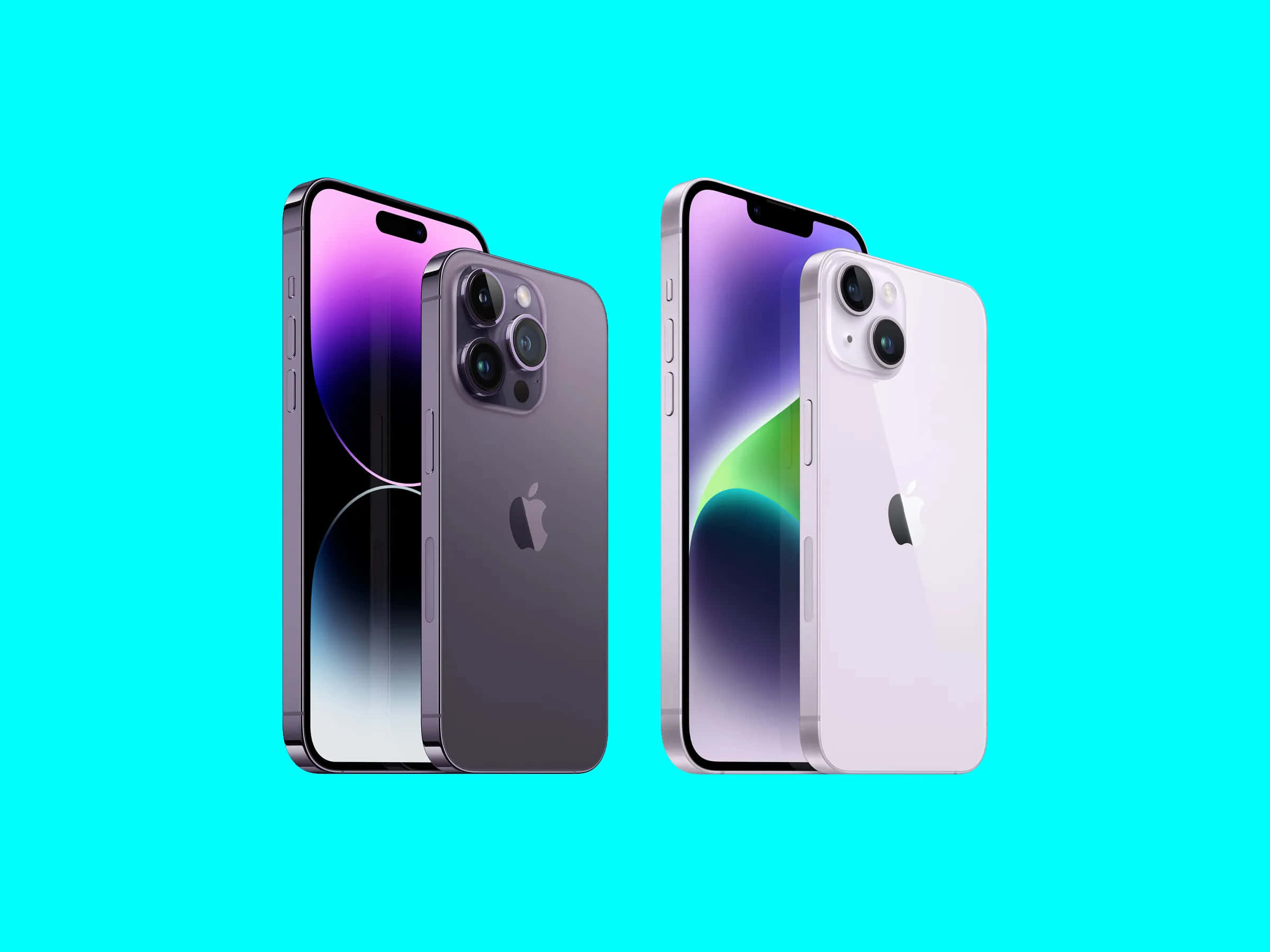 以多功能Apple手機保持高效與連接 壁紙 — 兩款iPhone型號在充滿活力的青色背景上展示正面和背面，帶有漸變屏幕。