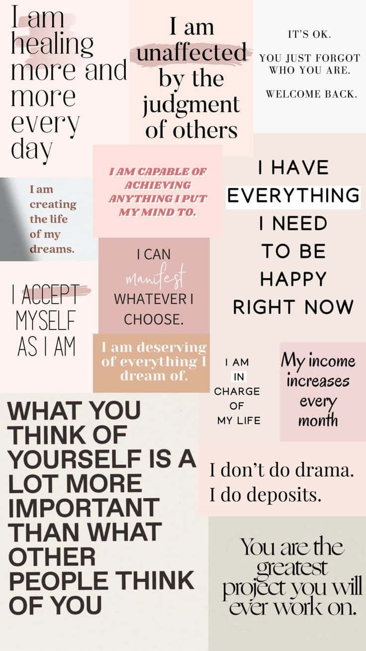 Bts Inspirational 桌布 壁紙 — 以多種字體和粉彩背景組成的肯定語拼貼，促進自我價值和個人賦權。