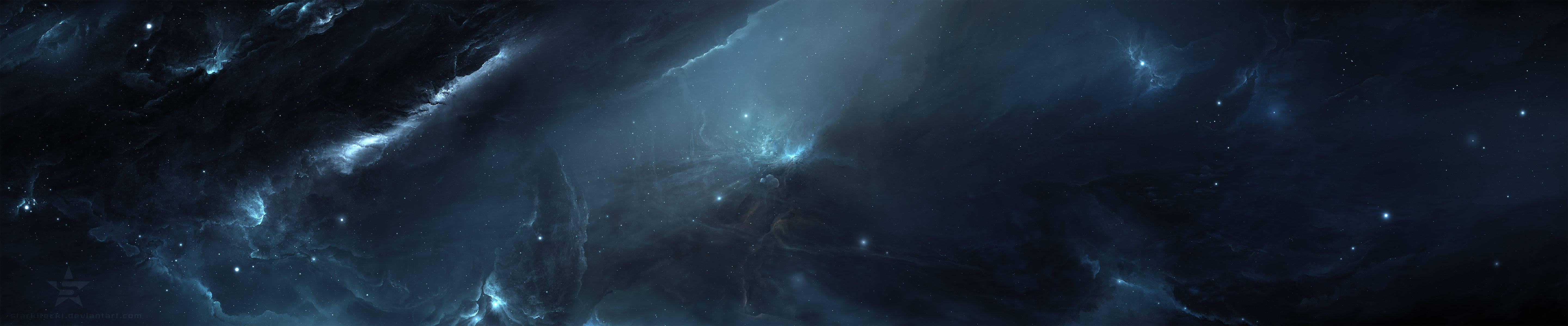 深空中帶有發光藍色卷鬚和散落星星的宇宙星雲。