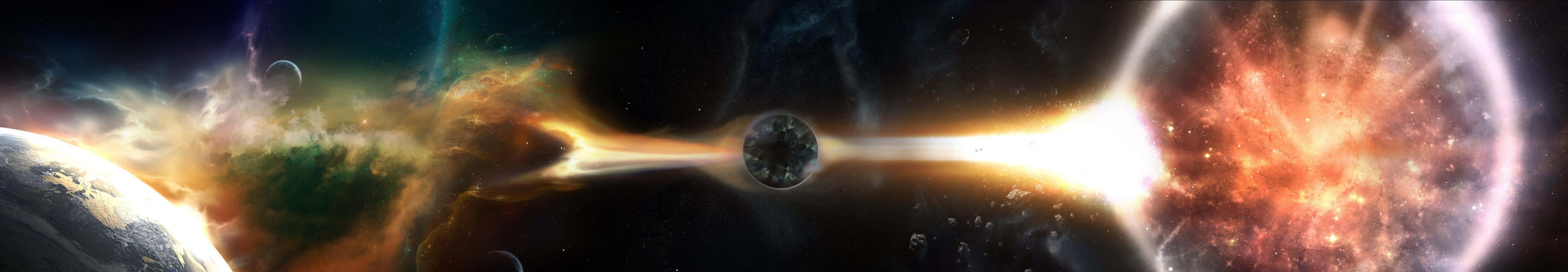 一個帶有行星、黑洞和發光星雲的宇宙場景。