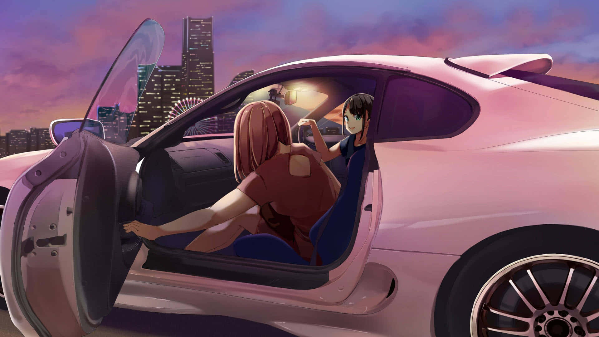 兩個動漫女孩在粉紅色跑車中，車門打開，背景是黃昏時發光的城市天際線。