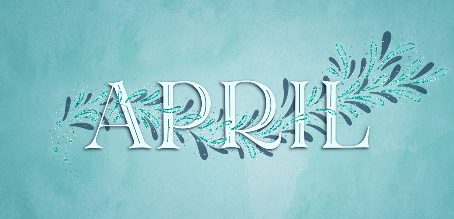 藍色水彩背景上帶有花卉裝飾的April文字。