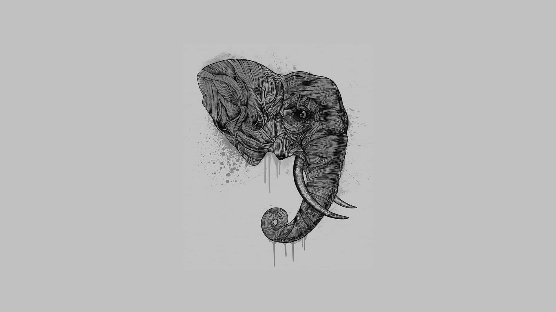 風格化的大象頭部插圖，帶有灰色背景上的墨滴。