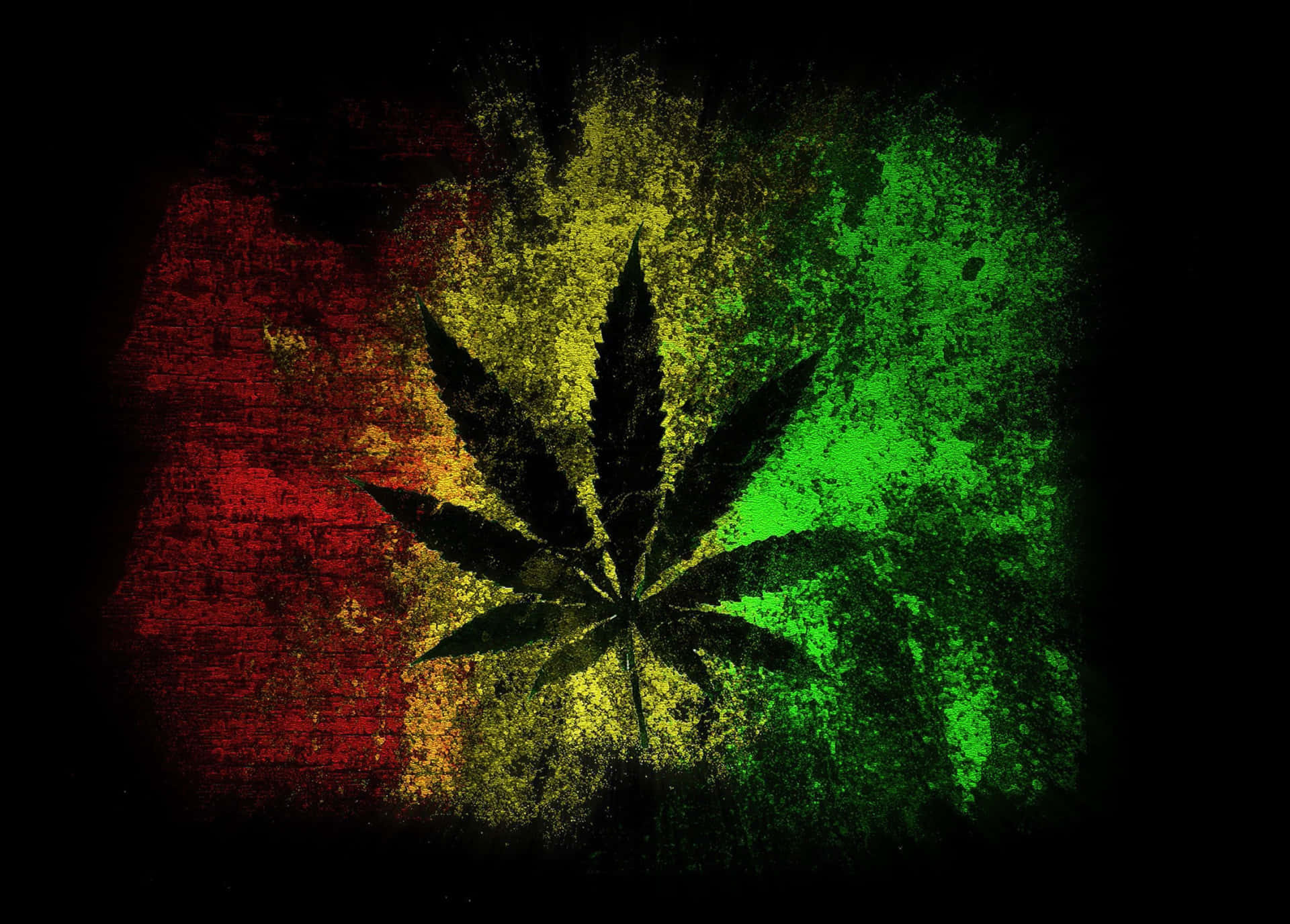 黑色大麻葉在紅、黃、綠頹廢風格背景上。