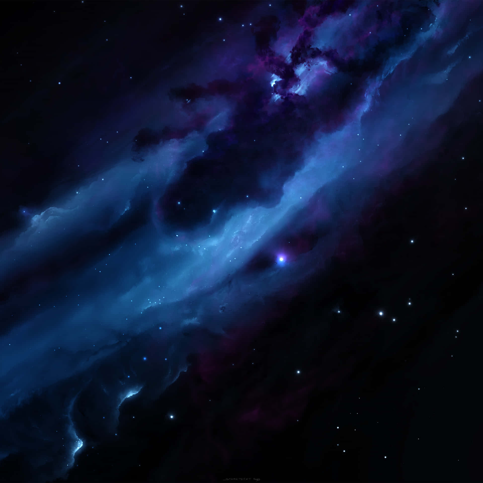 在深空中帶有發光星星的鮮豔藍色和紫色星雲。