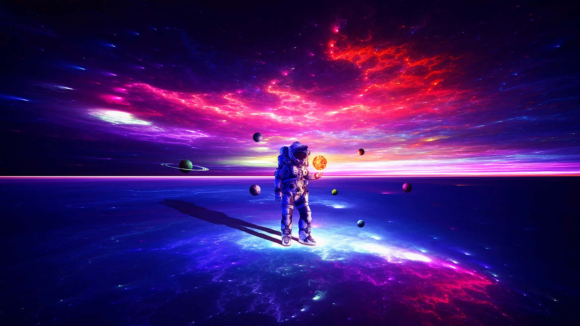 太空人在色彩繽紛的宇宙天空下的外星行星上