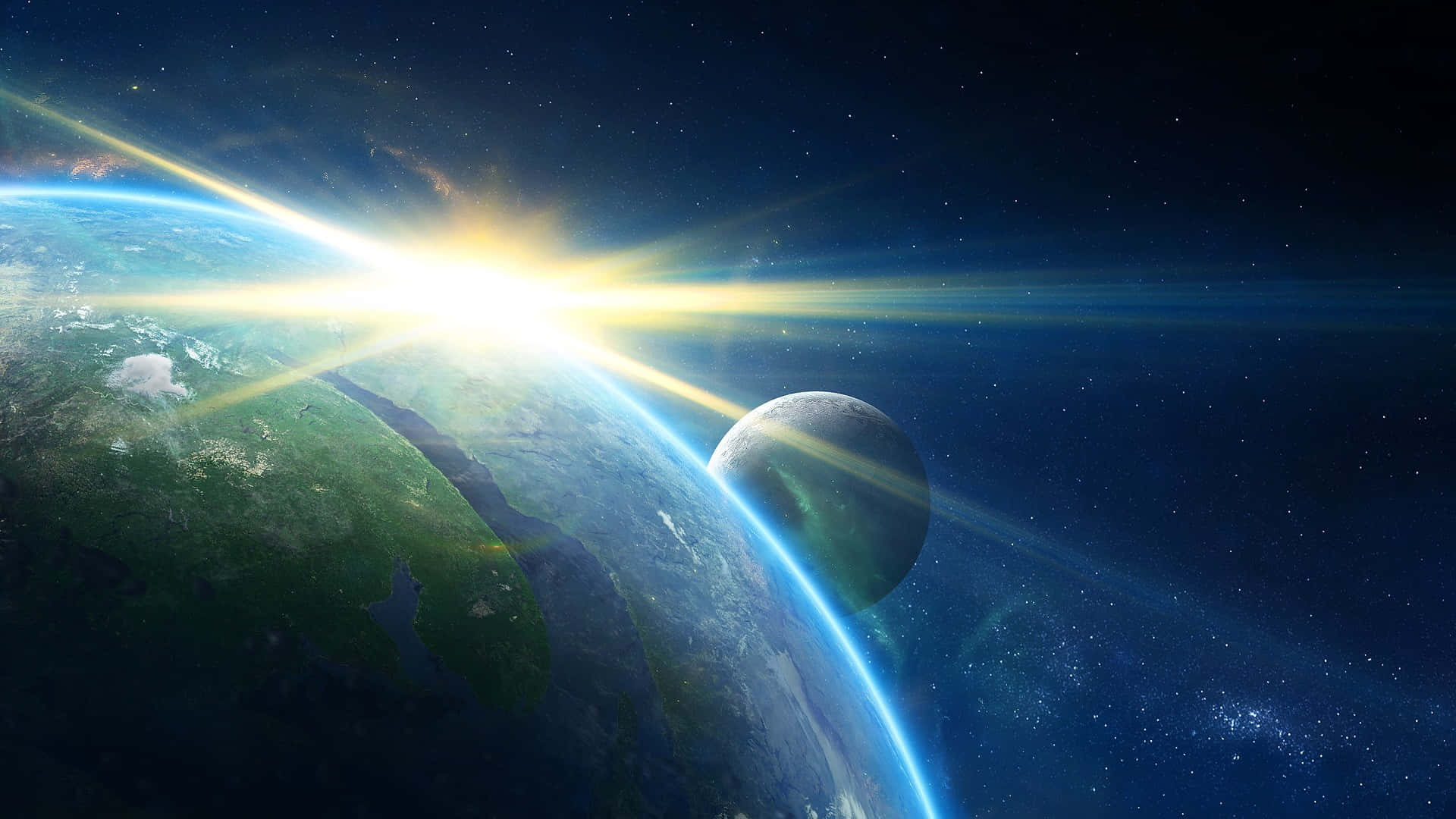 日出時從太空看到的地球，背景有發光的地平線和星星。