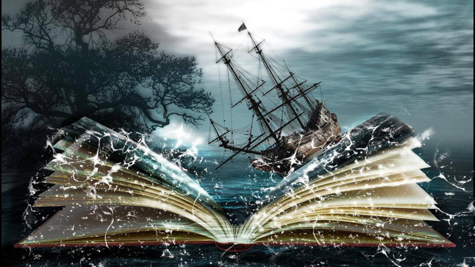 一本魔法書將一艘幽靈船釋放到波濤洶湧的大海中，背景有黑暗的樹木。