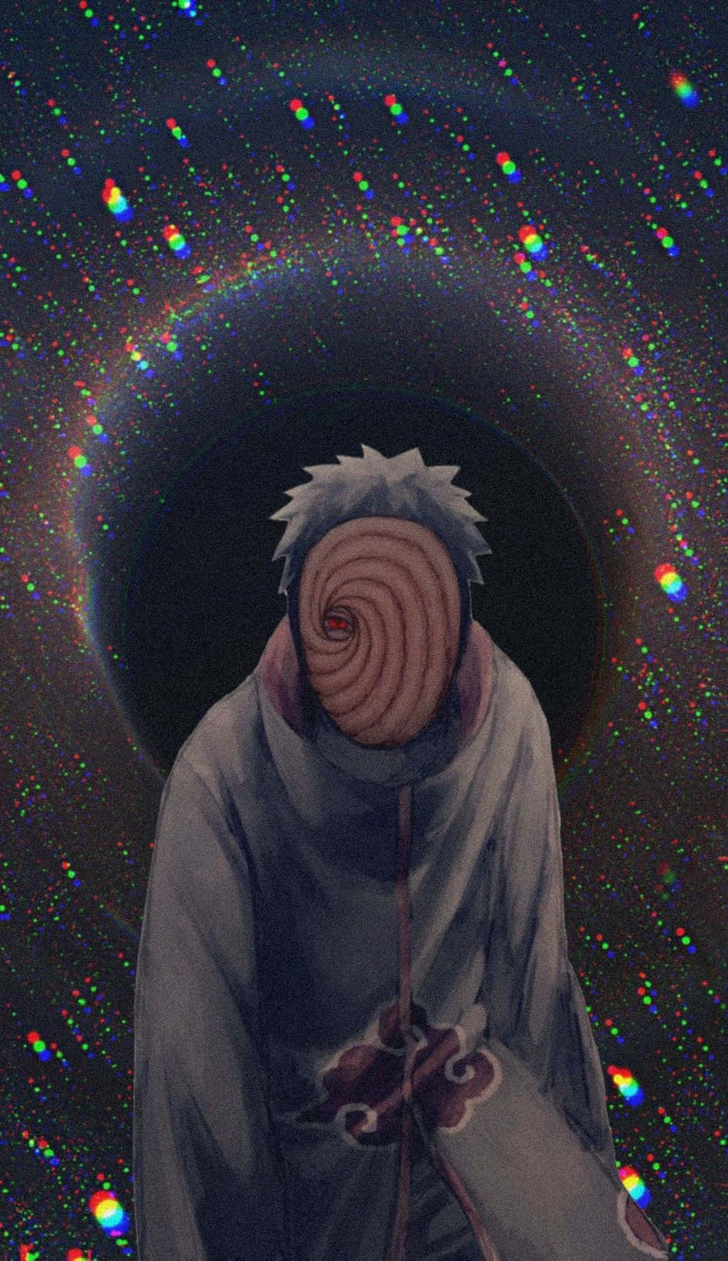 戴螺旋面具的動漫忍者在星光宇宙隧道中。