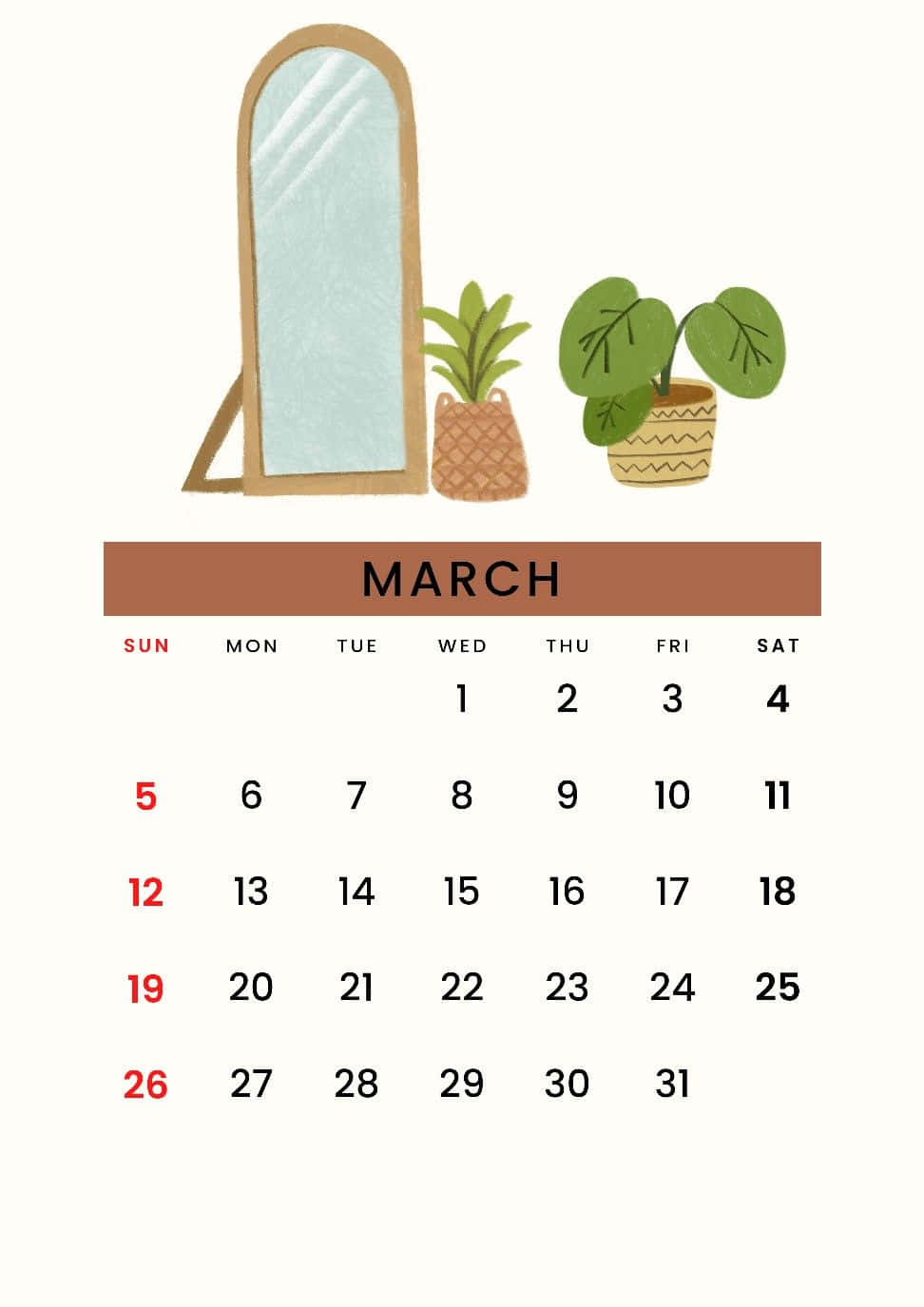 March 桌布 壁紙 — 以奶油色背景為襯，一個極簡風格插圖的三月日曆，包含一面高鏡子和兩盆盆栽植物。