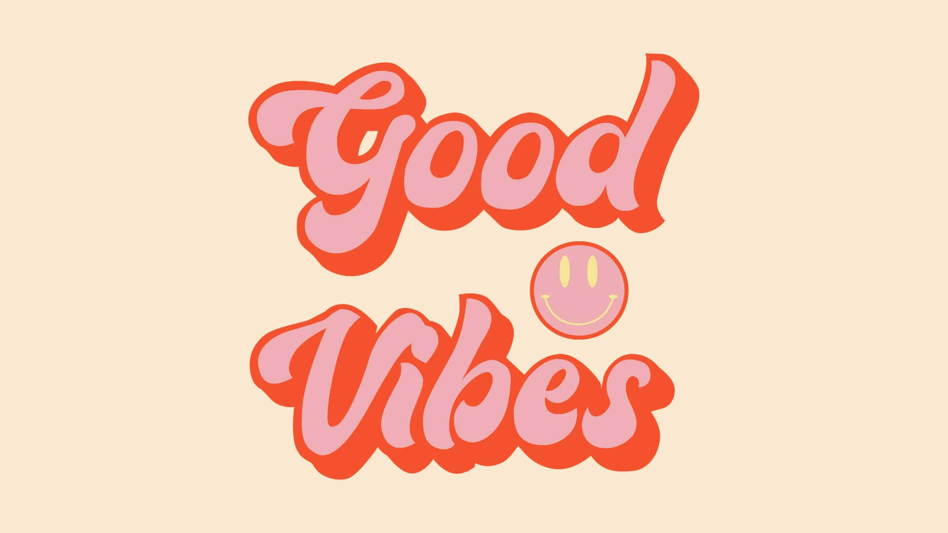 以學院風美學迎接夏日 壁紙 — 大膽嘅粉紅色同橙色 'Good Vibes' 文字，中間有個笑哈哈嘅表情符號，喺柔和嘅米色背景上。