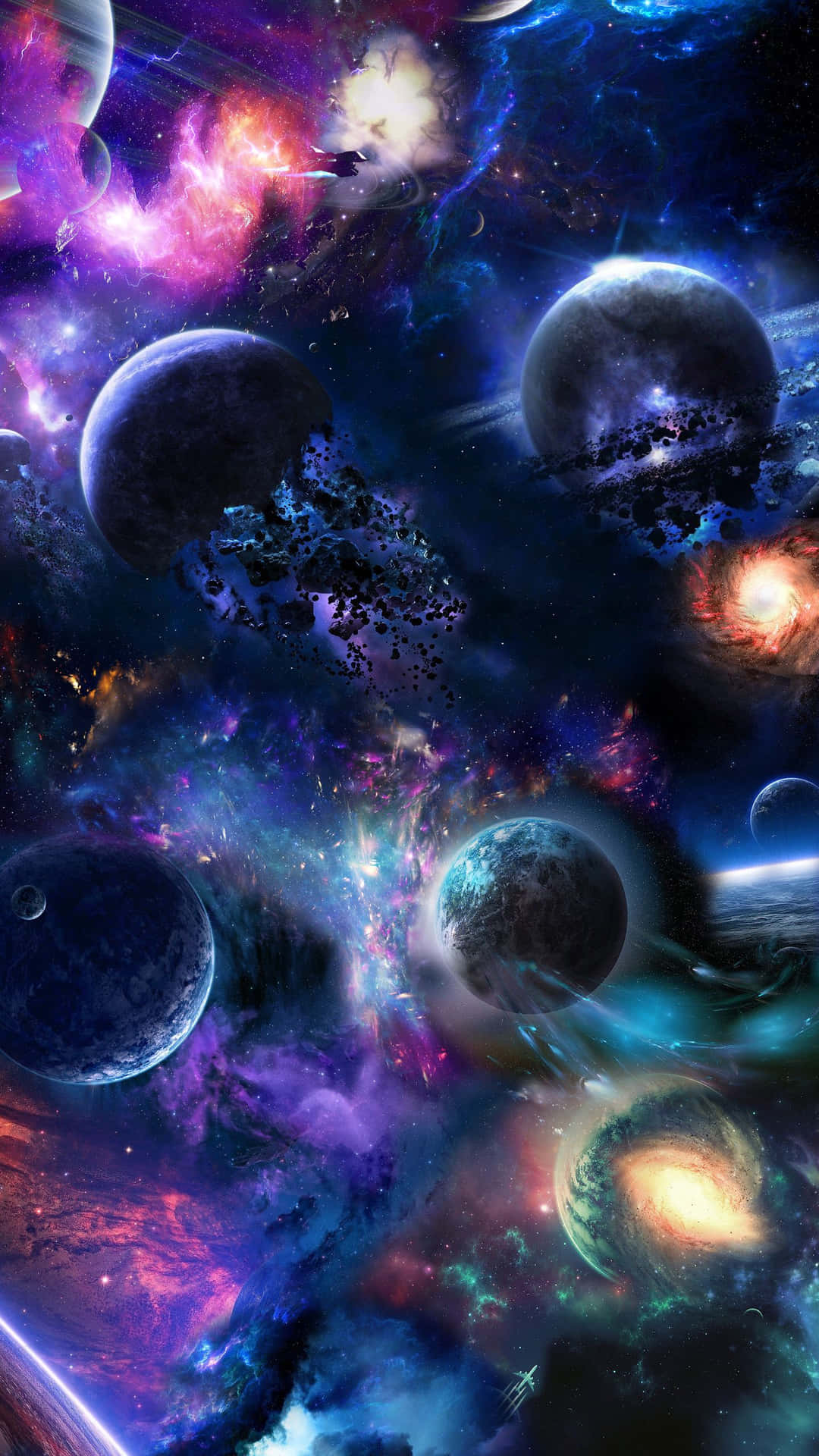 一個色彩繽紛的宇宙場景，有行星和發光的星雲在深空中。