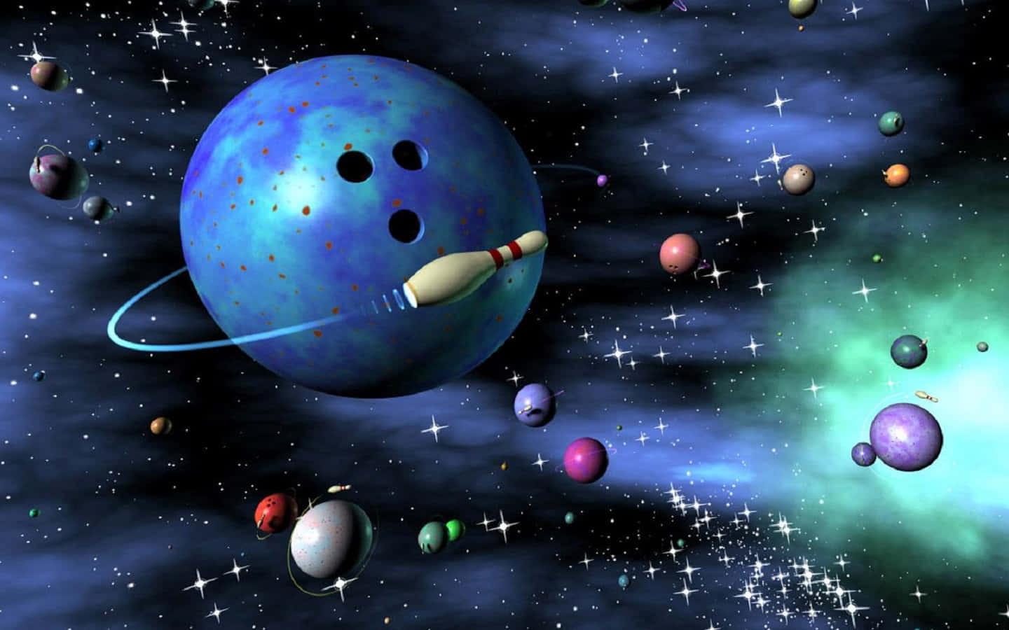 以完美保齡球分數擊敗對手 壁紙 — 一個宇宙場景，一顆藍色保齡球行星帶有三個孔，繞著保齡球瓶衛星運行，周圍是色彩繽紛的行星和閃爍的星星。