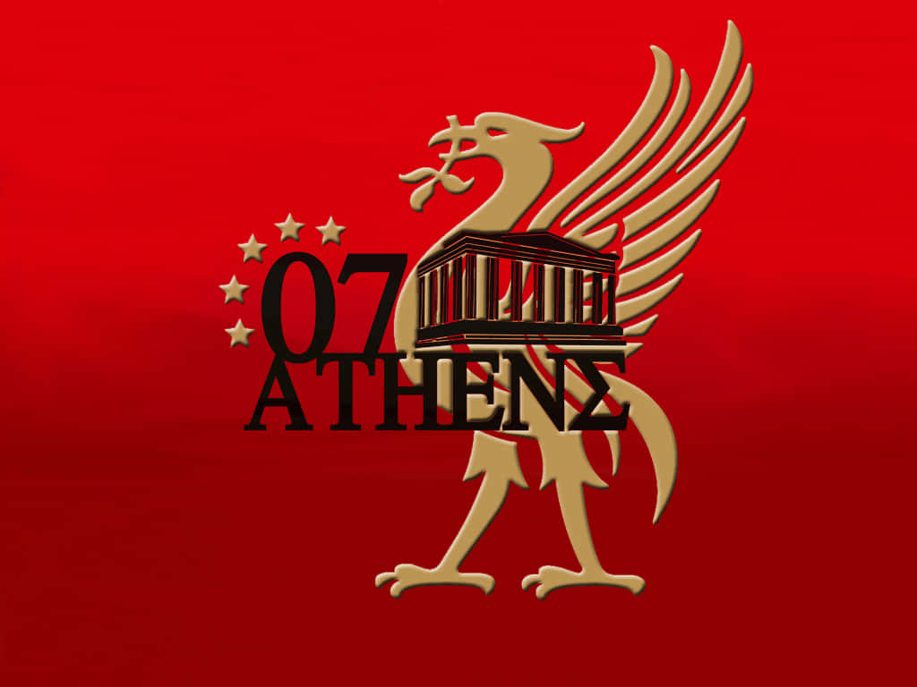 金色利物浦鳥標誌，帶有 '07 ATHENS' 和星星，紅色背景。