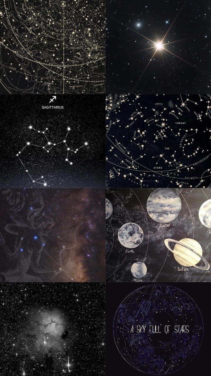 天體拼貼畫，包含星圖、星座和太空中的行星。