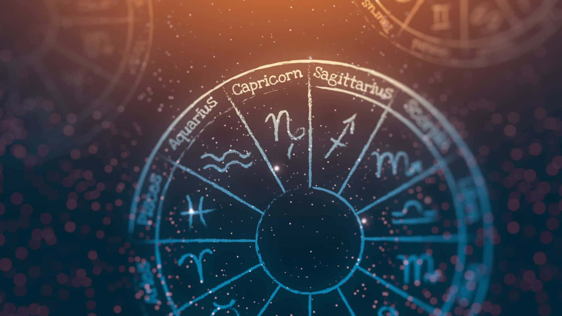 黃道輪，星座符號在星光燦爛的宇宙背景下發出藍光。