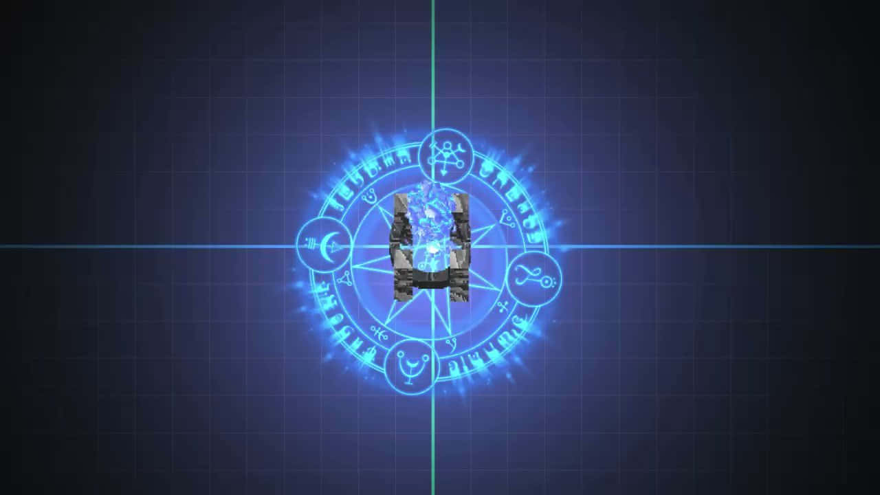 一個發光的藍色魔法神器位於深色網格上的圓形符號中心。