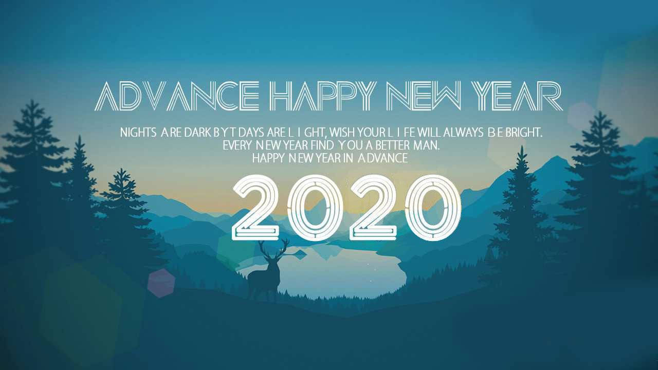 一隻鹿站在黃昏時分山中的湖邊，帶有「2020」和新年祝福文字。
