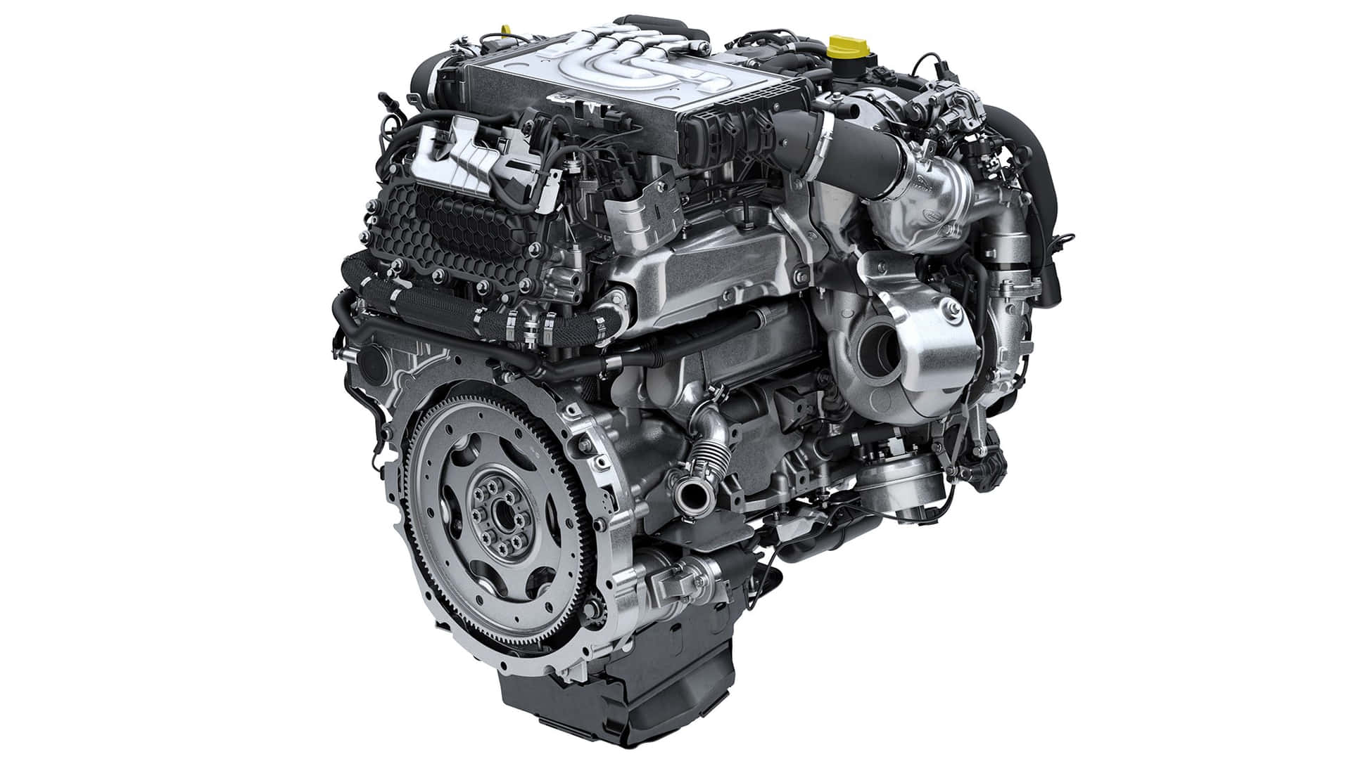 現代汽車引擎的特寫，帶有金屬部件和黑色軟管。