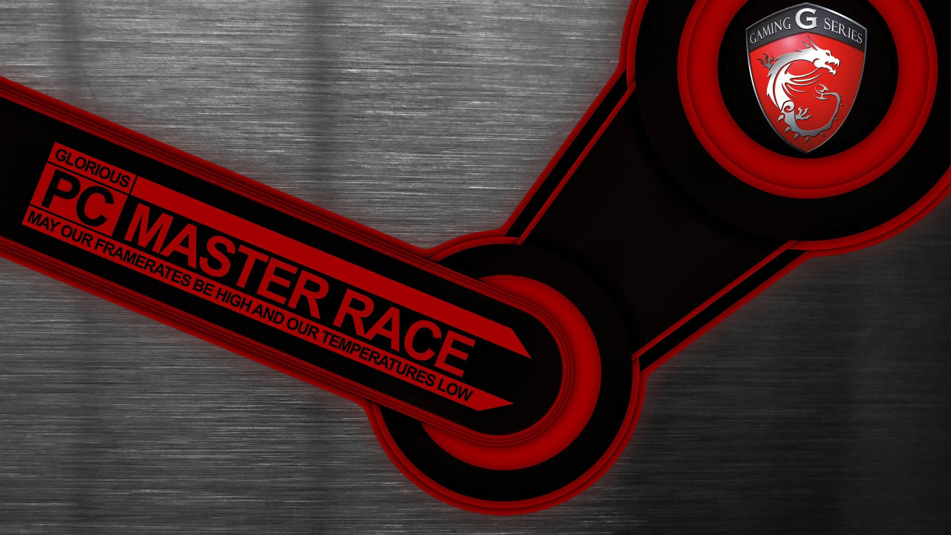 MSI Gaming G Series標誌，帶有PC Master Race口號，金屬紋理背景。