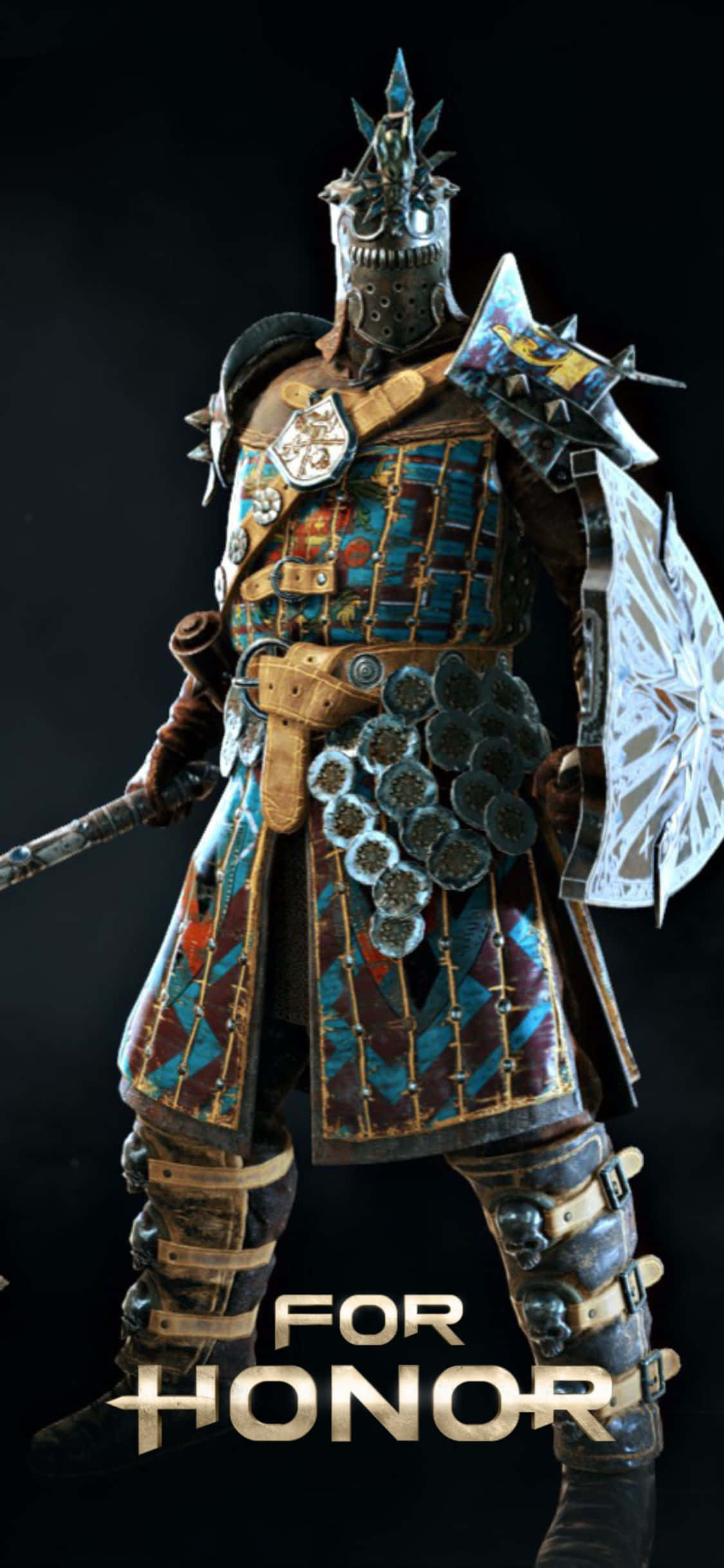 以強大 iPhone Xs For Honor 稱霸遊戲 壁紙 — 一名身穿華麗藍金銀板甲的重裝戰士，手持劍與盾，立於黑暗背景前。