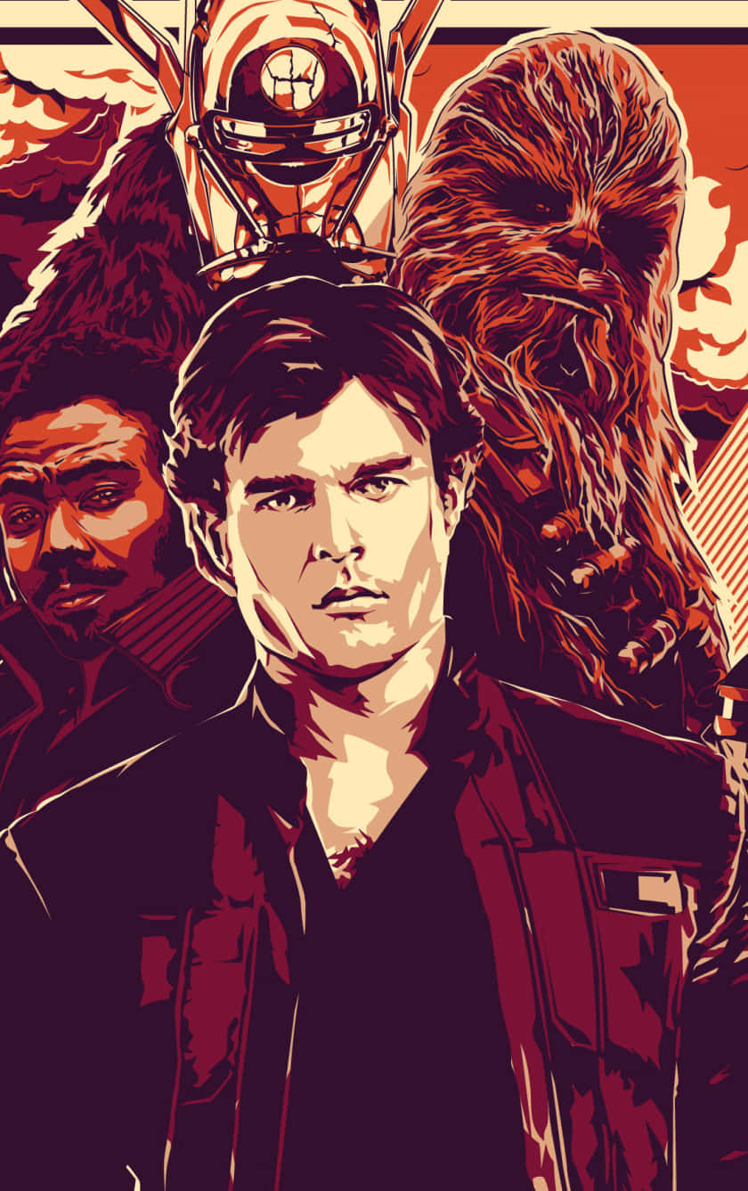 Solo A Star Wars Story 桌布 壁紙 — 以強烈輪廓和風格化紅橙色調繪製的星際大戰角色大膽圖形插圖。