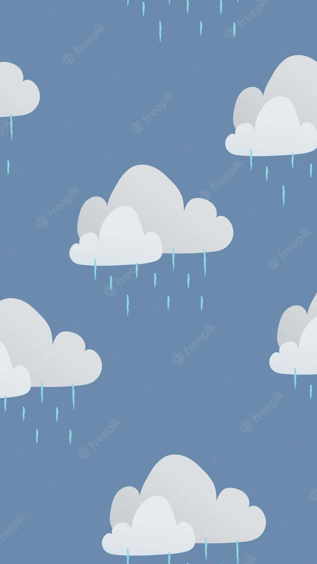 白色卡通雲在藍色天空背景上降下淺藍色水滴。