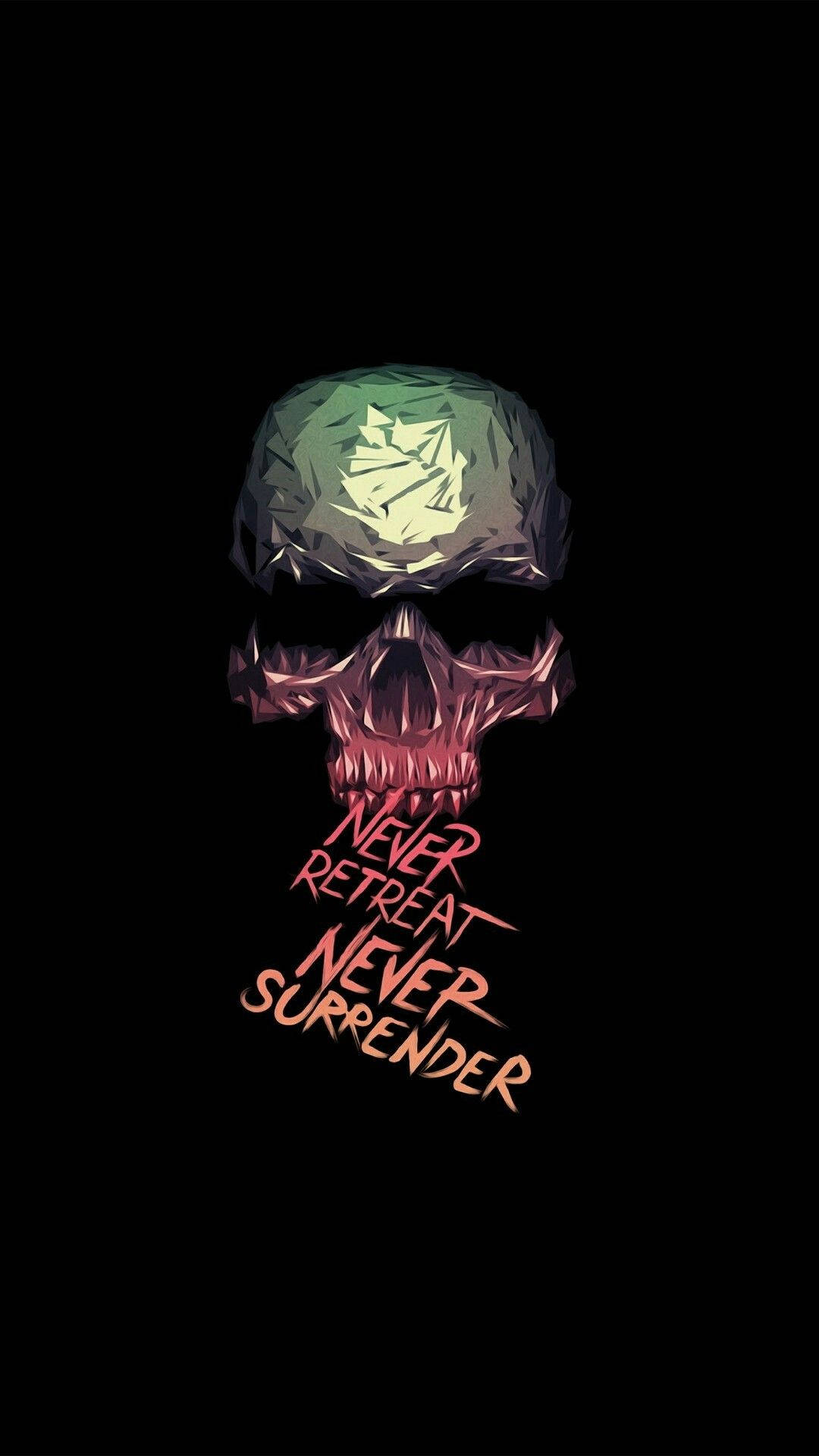 一個發光的頭骨，上面有紅色文字 never retreat never surrender。