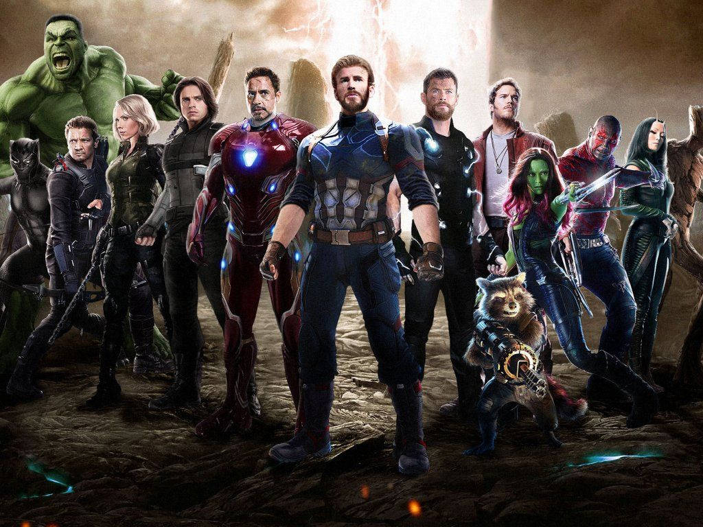 Marvel 超級英雄團隊在暴風雨戰場場景中英勇擺姿勢。 — 復仇者聯盟 壁紙