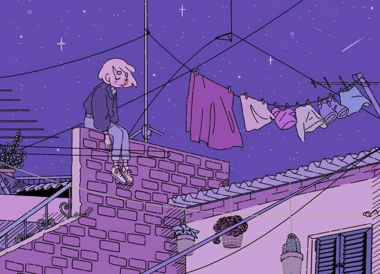 動漫女孩坐在磚牆上，頭上是繁星點點的紫色天空，附近有晾衣繩。
